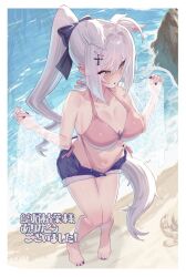 Rule 34 | 1girl, :o, absurdres, animal ears, bare legs, bare shoulders, beach, bikini, bikini under shorts, black nails, blush, border, bow, bow bikini, breasts, bright pupils, character request, cleavage, commentary request, copyright request, cross hair ornament, cutoffs, day, denim, denim shorts, dog ears, earrings, feet, fingernails, flying sweatdrops, foreshortening, from above, full body, grey hair, hair between eyes, hair bow, hair intakes, hair ornament, hairclip, highleg, highleg bikini, highres, jewelry, knees together feet apart, large breasts, long bangs, long hair, looking ahead, nail polish, no shirt, ocean, orange eyes, outdoors, outside border, parted lips, pigeon-toed, pink bikini, pink nails, ponytail, purple bow, purple shorts, raised inner eyebrows, rock, sand, shadow, shirogami seisho, short shorts, shorts, solo, standing, stomach, stud earrings, swimsuit, toenail polish, toenails, toes, translation request, very long hair, virtual youtuber, water, white border, white pupils