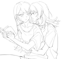 2girls bang_dream! bang_dream!_it&#039;s_mygo!!!!! blush book closed_mouth commentary greyscale highres holding holding_book hug hug_from_behind long_hair medium_hair monochrome multiple_girls open_book open_mouth shiina_taki short_sleeves shorts simple_background sweatdrop undersuito50673 white_background yahata_umiri yuri