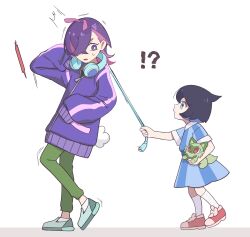2girls absurdres black_hair blue_eyes blue_hair cowlick dot_(pokemon) green_pants hair_ornament hair_over_one_eye highres holding holding_stuffed_toy jacket liko_(pokemon) long_sleeves multicolored_hair multiple_girls nintendo omoi_moyora_nai open_mouth pants pink_hair pokemon pokemon_(anime) pokemon_horizons purple_eyes purple_hair shirt short_hair skirt sleeves_past_wrists sprigatito stuffed_animal stuffed_toy