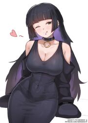 1girl abs barbell_piercing black_choker black_dress black_hair black_sleeves blunt_bangs blush bocchi_the_rock! boosty_username breasts chin_piercing choker cleavage clothing_cutout collarbone colored_inner_hair curvy detached_sleeves dress ear_piercing forked_tongue goth_fashion green_eyes heart highres hime_cut indoors industrial_piercing jewelry labret_piercing large_breasts lip_piercing long_hair looking_at_viewer mouth_piercing multicolored_hair one_eye_closed pa-san pants patreon_username piercing purple_hair see-through_cleavage see-through_clothes shoulder_cutout simple_background sitting sleeveless sleeveless_dress sleeves_past_fingers sleeves_past_wrists smile solo stomach straight_hair striped_clothes striped_pants tongue tongue_out vertical-striped_clothes vertical-striped_pants very_long_hair wersman white_background