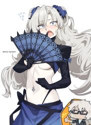 1boy 1girl black_shrug blue_skirt blush breasts chibi fate/grand_order fate_(series) flower folding_fan glasses grey_eyes hair_flower hair_ornament hand_fan highres house_tag_denim kriemhild_(fate) kriemhild_(swimsuit)_(fate) large_breasts long_hair long_sleeves looking_at_viewer mole mole_under_eye navel_piercing open_mouth piercing shrug_(clothing) siegfried_(fate) siegfried_(super_cool_biz)_(fate) skirt thumbs_up white_hair