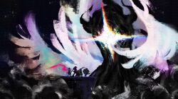 1girl 2boys 2others axe commentary darkness deltarune eldritch_abomination english_commentary faceless furry furry_female furry_male gerson giant giant_monster glowing goat_boy highres horns kris_(deltarune) monster multiple_boys multiple_others multiple_wings one-eyed over_shoulder ralsei reptile_girl scarf scenery spoilers standing susie_(deltarune) sword theboatlord titan_(deltarune) turtle_boy umbrakinesis weapon weapon_over_shoulder wings