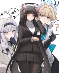 Rule 34 | 3girls, alternate hairstyle, black gloves, black hair, black halo, black pantyhose, blonde hair, blue archive, blue eyes, blue halo, bow, breasts, bright pupils, commentary, flower, gloves, hair flower, hair ornament, halo, himari (blue archive), hinaumma, large breasts, long hair, looking at viewer, mole, mole under eye, multiple girls, pantyhose, purple eyes, red eyes, rio (blue archive), sweater, toki (blue archive), twintails, very long hair, white pupils, white sweater