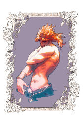 1boy abs blonde_hair border dio_brando hakumai_(sse1331) jojo_no_kimyou_na_bouken leaf licking_lips looking_at_viewer male_focus mullet muscular plant topless_male solo tongue tongue_out vines wrist_cuffs