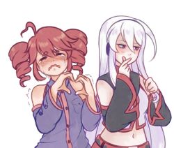 Rule 34 | 2girls, ahoge, bare shoulders, black shirt, black skirt, blush, chanpotei, closed mouth, collared shirt, commentary, crying, detached sleeves, drill hair, english commentary, finger heart, grey shirt, hair between eyes, hat, heart, heart hands, kasane teto, kasane teto (utau), long sleeves, midriff, multiple girls, navel, open mouth, red eyes, red hair, red skirt, shirt, simple background, skirt, sleeveless, sleeveless shirt, sukone tei, tears, twin drills, utau, white background, white hat, wing collar