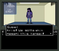 Rule 34 | 1girl, blue pants, colored skin, colored teeth, deltarune, dialogue box, fake screenshot, full body, hair over eyes, heads-up display, highres, jacket, long hair, long sleeves, lunachainsaw, meme, pants, parody, pixel art, purple jacket, purple skin, shin megami tensei, shin megami tensei i, standing, susie (deltarune), user interface