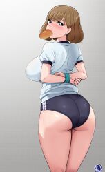 1girl arms_behind_back ass bakusai bdsm blush bondage bound bread_eating_race breasts brown_hair buruma commission covered_erect_nipples delicious_party_precure gradient_background gym_uniform highres large_breasts looking_at_viewer looking_back mouth_hold pixiv_commission precure restrained shinada_an short_hair short_sleeves simple_background solo