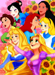 6+girls alice_(disney) alice_in_wonderland_(disney) ariel_(disney) aurora_(disney) beauty_and_the_beast_(disney) belle_(disney) blonde_hair blue_dress brown_hair disney_princess dress fa_mulan_(disney) green_eyes hair_ornament long_hair looking_at_viewer mulan_(movie) multiple_girls nyamunekonabe pocahontas_(disney) pocahontas_(movie) purple_dress rapunzel_(disney) red_hair red_lips short_hair sleeping_beauty_(disney) smile tangled the_little_mermaid_(disney) toon_(style) very_long_hair