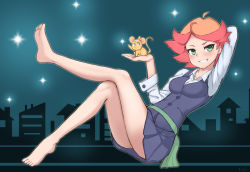 Rule 34 | 10s, 2girls, :3, amanda o&#039;neill, animal, artistic error, bad anatomy, barefoot, blush, breasts, collarbone, full body, green eyes, grin, highres, holding, holding animal, kagari atsuko, little witch academia, looking at viewer, medium breasts, mouse (animal), multicolored hair, multiple girls, orange hair, red eyes, red hair, short hair, shou jian yu, smile, teeth, waving, wrong foot