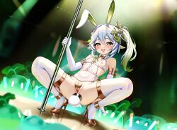 1girl absurdres anal anal_beads anal_tail animal_ears armpit_crease blush breasts butt_plug cameltoe commission dendro_slime_(genshin_impact) elbow_gloves fake_animal_ears fake_tail full_body garter_belt genshin_impact gloves gold_shoes green_eyes green_hair hair_between_eyes heart_maebari high_heels highres huge_filesize kiari_art loli looking_at_viewer maebari medium_hair multicolored_hair nahida_(genshin_impact) naughty_face navel nipples open_mouth pixiv_commission pointy_ears pole rabbit_ears rabbit_tail reverse_bunnysuit reverse_outfit saliva sex_toy shoes side_ponytail slime_(genshin_impact) small_breasts smile solo spread_legs squatting stiletto_heels stomach stripper_pole tail teeth tongue tongue_out two-tone_hair upper_teeth_only white_gloves white_hair