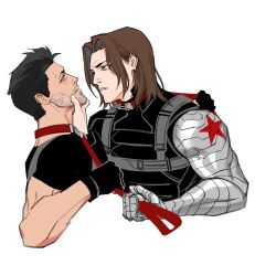 2boys allie_lynee black_bodysuit black_gloves black_hair black_shirt bodysuit brock_rumlow brown_hair bucky_barnes captain_america:_the_winter_soldier captain_america_(series) collar facial_hair fingerless_gloves gloves grabbing_another&#039;s_face green_eyes highres holding holding_leash leash looking_at_another male_focus marvel marvel_cinematic_universe multiple_boys muscular muscular_male prosthesis prosthetic_arm red_collar shirt short_hair short_sleeves simple_background single_glove star_(symbol) teeth upper_body v-shaped_eyebrows white_background winter_soldier yaoi yellow_eyes