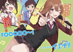 &gt;_&lt; 1boy 2girls ;d black_hair black_skirt black_sweater_vest blush breasts brown_eyes brown_hair collared_shirt commentary_request crossed_bangs diagonal-striped_clothes diagonal-striped_necktie double-parted_bangs green_background green_eyes hair_between_eyes hand_up holding holding_microphone jacket kohinata_iroha_(imouuzai) lapels looking_at_viewer medium_hair microphone miniskirt multiple_girls necktie notched_lapels novel_illustration official_art one_eye_closed ooboshi_akiteru open_clothes open_jacket open_mouth plaid_clothes plaid_skirt pleated_skirt raised_eyebrows red_jacket red_necktie school_uniform second-party_source shirt sidelocks skirt smile solo_focus striped_clothes sweat sweater_vest tomari_(veryberry00) tomodachi_no_imouto_ga_ore_ni_dake_uzai tomosaka_sasara translation_request v-shaped_eyebrows white_shirt wing_collar