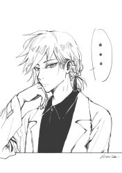 Rule 34 | ..., 1boy, alternate hairstyle, braid, closed mouth, collared shirt, commentary, greyscale, hand on own cheek, hand on own face, harada mutei, jacket, kaze (yznyttdgs), lapels, long sleeves, male focus, monochrome, notched lapels, open clothes, open jacket, saibou shinkyoku, shirt, short hair, signature, simple background, solo, speech bubble, spoken ellipsis, symbol-only commentary, white background