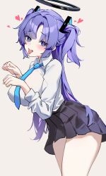 1girl absurdres black_halo black_skirt blue_archive blue_eyes blue_hair blue_necktie blush breasts commentary halo heart heart-shaped_pupils highres large_breasts long_hair long_sleeves looking_at_viewer miniskirt necktie parted_bangs paw_pose pleated_skirt sakanafish shirt simple_background skirt solo symbol-only_commentary symbol-shaped_pupils thighs tongue tongue_out two_side_up white_background white_shirt yuuka_(blue_archive)
