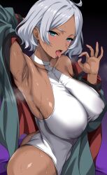 1girl ahoge aqua_eyes arm_up armpits black_background blush breasts breath commentary covered_erect_nipples cowboy_shot fellatio_gesture gradient_background green_jacket grey_hair gundam gundam_suisei_no_majo jacket large_breasts leotard looking_at_viewer nail_polish nirowata open_clothes open_jacket open_mouth paid_reward_available parted_bangs presenting_armpit purple_background secelia_dote short_hair sideboob simple_background solo steam steaming_body sweat tongue tongue_out two-sided_fabric two-sided_jacket white_leotard white_nails