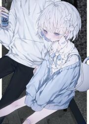 1boy 1girl animal_bag aochan_1325 bandaid bandaid_on_knee bandaid_on_leg bandaid_on_neck black_pants blue_cardigan blue_eyes blue_ribbon blush can cardigan child collared_shirt commentary_request couple ear_piercing earrings expressionless hair_ornament highres holding holding_can hood hoodie jewelry long_sleeves looking_to_the_side neck_ribbon open_cardigan open_clothes original pants piercing rabbit_bag rabbit_hair_ornament ribbon shirt short_hair sitting sleeves_past_fingers sleeves_past_wrists solo_focus stud_earrings white_hair white_hoodie white_shirt wing_hair_ornament