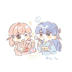 ! 2girls :o ;d artist_name bag blue_eyes blue_hair blue_kimono colored_speech_bubble commentary dated green_eyes hair_ornament half_updo highres hinoshita_kaho holding holding_bag japanese_clothes kimono link!_like!_love_live! long_sleeves looking_at_another love_live! multiple_girls murano_sayaka official_alternate_costume one_eye_closed open_mouth orange_hair orange_kimono rabbit_hair_ornament signature smile sparkle speech_bubble spoken_exclamation_mark symbol-only_commentary two_side_up virtual_youtuber woodonly