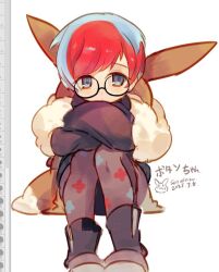 1girl art_program_in_frame backpack bag black-framed_eyewear blue_hair boots brown_bag character_name crossed_arms dated glasses grey_eyes hood hoodie multicolored_hair nintendo pantyhose penny_(pokemon) pokemon pokemon_sv red_hair saridinism short_hair signature solo two-tone_hair white_background