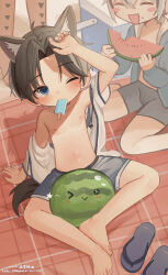2boys absurdres animal_ears barefoot black_hair blue_eyes blue_jacket blue_male_underwear blush blush_stickers boxer_briefs cat_ears commentary_request flip-flops food fruit highres hot jacket male_focus male_underwear mouth_hold multiple_boys navel nipples omurice_(roza4957) on_floor one_eye_closed open_clothes open_jacket original parted_bangs sandals shoes short_hair shota sitting tail topless_male underwear unworn_sandals unworn_shoes watermark watermelon watermelon_slice web_address white_jacket