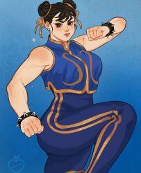 Rule 34 | 1girl, black hair, blue background, blue bodysuit, bodysuit, bracelet, breasts, brown eyes, capcom, chun-li, commentary, double bun, english commentary, hair bun, hair ribbon, jewelry, large breasts, munrou, ribbon, solo, spiked bracelet, spikes, standing, standing on one leg, street fighter, street fighter zero (series), toned, toned female, watermark