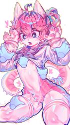 1girl absurdres ahoge animal_ears animal_hands blue_eyes cat_tail clothes_lift disembodied_hand flat_chest furry furry_female grabbing_another&#039;s_arm grabbing_another&#039;s_tail grabbing_another&#039;s_thighs hair_ornament hairclip heart highres magic_dream00 nipples open_mouth pink_hair purple_ribbon ribbon sailor_collar sailor_shirt shirt shirt_lift short_hair tail tears thighhighs tongue