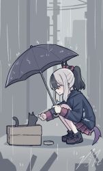 1girl black_cat black_hair black_hoodie black_horns black_shoes blue_archive box cardboard_box cat from_side holding holding_umbrella hood hoodie horns in_box in_container kayoko_(blue_archive) long_sleeves multicolored_hair nyanzai-sensei outdoors pleated_skirt ponytail purple_wings rain red_skirt shoes single_wing skirt sneakers squatting two-tone_hair umbrella white_hair wings