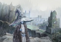 1girl blue_hair blue_skin brown_cloak castle cloak closed_mouth colored_skin commentary_request cracked_skin doll_joints dress elden_ring extra_arms extra_faces facial_tattoo fur_cloak glowing_tattoo hat highres joints katamimi123 large_hat long_hair long_sleeves looking_at_viewer one_eye_closed outdoors own_hands_together ranni_the_witch reaching reaching_towards_viewer ruins scenery smile solo tattoo white_dress white_hat witch witch_hat