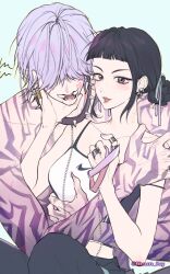 1boy 1girl black_hair blunt_bangs blush brown_eyes demon double_bun hair_bun hair_over_eyes hashtag-only_commentary highres holding holding_leash hug hug_from_behind hunn_hy jewelry kpop_demon_hunters leash looking_at_viewer mystery_(kpop_demon_hunter) open_mouth purple_hair ring short_bangs sidelocks twitter_username zoey_(kpop_demon_hunters)
