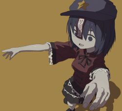 Rule 34 | 1girl, black shoes, black skirt, blue eyes, blue hat, chinese clothes, foreshortening, hat, highres, jiangshi, miyako yoshika, ofuda, ofuda on head, open mouth, outstretched arms, pale skin, shadow, shoes, simple background, skirt, solo, star (symbol), tangzhuang, touhou, uzou (uzooooooooo), yellow background, zombie pose