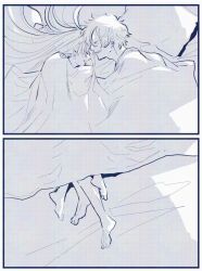 1boy 1girl anastasia_(fate) bed closed_eyes earrings entangled facing_another fate/grand_order fate_(series) greyscale grin jewelry kadoc_zemlupus long_hair monochrome multiple_views nobicco parted_lips pillow short_hair smile under_covers