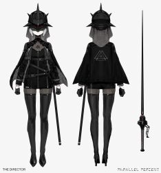 1girl absurdres arms_at_sides belt belt_around_waist black_belt black_boots black_cape black_choker black_dress black_gloves black_helmet black_pantyhose black_sleeve_cuffs black_veil boots breasts buckle cape capelet character_name chest_belt choker cleavage clenched_hands closed_mouth collared_cape commentary concept_art covered_eyes dress english_commentary english_text from_behind full-length_zipper full_body gloves glowing glowing_eyes grey_hair half_gloves helmet high_collar high_heel_boots high_heels highres invisible_floor lace light_frown long_legs long_sleeves multiple_views original pale_skin pantyhose print_cape rapier red_eyes reference_sheet scabbard science_fiction see-through_capelet see-through_cleavage see-through_clothes sheath sheathed shiny_clothes short_dress short_hair sidelocks simple_background skindentation small_breasts snap-fit_buckle spiked_helmet split_mouth standing straight-on sword thigh_boots thighs title turnaround underbust veil vertigris weapon weapon_focus white_background white_trim zipper zipper_dress zipper_pull_tab