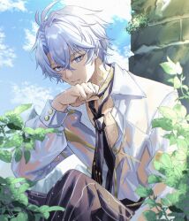 1boy antenna_hair black_necktie black_pants blue_eyes blue_sky collared_shirt hashtag-only_commentary highres honkai:_star_rail honkai_(series) long_sleeves looking_at_viewer male_focus necktie official_alternate_costume pants parted_bangs partially_unbuttoned pectoral_cleavage pectorals phainon_(anan)_(honkai:_star_rail) phainon_(honkai:_star_rail) see-through_clothes see-through_shirt shiro_(deucqvhzjb2blzg) shirt short_hair sitting sky solo wet wet_clothes wet_hair wet_shirt white_hair white_shirt