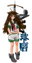 Rule 34 | 1girl, ahoge, aqua sailor collar, bad id, bad tumblr id, brown hair, character name, closed mouth, frown, full body, grey eyes, grey footwear, hands in pockets, highres, huge ahoge, kantai collection, kuma (kancolle), legs apart, long hair, necktie, pocket, raichiyo, red necktie, sailor collar, shirt, short sleeves, shorts, simple background, solo, standing, white background, white shirt, white shorts