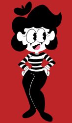 Rule 34 | 1girl, beret, breasts, colored skin, commentary, english commentary, eyelashes, gloves, hands on own hips, hat, highres, imrachets, mime, mute, mute the mime (imrachets), open mouth, original, pac-man eyes, smile, solo, striped clothes, tongue, toon (style), white gloves, white skin