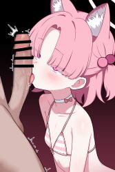 1boy 1girl absurdres animal_ears bar_censor bikini blue_archive blush cat_ears cat_girl censored chlorella_observation_club_member_(blue_archive) chlorella_observation_club_member_(swimsuit)_(blue_archive) choker collarbone commentary_request erection extra_ears fellatio flat_chest gradient_background hair_over_eyes halo hetero highres korean_commentary licking licking_penis loli mixed-language_commentary mosaic_censoring official_alternate_costume open_mouth oral paid_reward_available penis pink_background pink_bikini pink_eyes pink_hair pink_halo short_hair solo striped_bikini striped_clothes swimsuit testicles tongue tongue_out twitching_penis two_side_up variant_set white_choker zing_(z_z_zing)