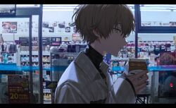 1boy absurdres alban_knox brown_hair carton commentary convenience_store drinking_straw drinking_straw_in_mouth es-ther from_side green_eyes highres holding jewelry letterboxed long_sleeves looking_at_viewer male_focus necklace nijisanji nijisanji_en profile shirt shop sign sleeves_past_wrists solo symbol-only_commentary upper_body virtual_youtuber