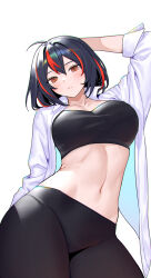 1girl alternate_costume alternate_hairstyle black_hair black_pants black_tank_top blush breasts commentary contrapposto cowboy_shot duplicate hand_up highres large_breasts looking_at_viewer multicolored_hair navel open_clothes open_shirt pants pixel-perfect_duplicate red_eyes red_hair shirt short_hair siun solo stomach streaked_hair tank_top white_background white_shirt zenless_zone_zero zhu_yuan