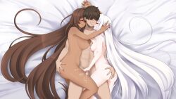 Rule 34 | 1boy, 2girls, ass, bed, bed sheet, blanc (nikke), blush, breasts, brown hair, closed eyes, commander (nikke), completely nude, cuddling, cuddling handjob, cum, dark-skinned female, dark skin, faceless, faceless male, girl sandwich, goddess of victory: nikke, grabbing another&#039;s ass, groping, hair over eyes, hand on another&#039;s ass, handjob, happy sex, hetero, hug, incognigoat, interracial, large breasts, licking, licking another&#039;s neck, long hair, lying, multiple girls, nipples, noir (nikke), nude, on back, on bed, penis, sandwiched, shimaidon (sex), short hair, siblings, sisters, small breasts, smile, tongue, tongue out, very long hair, white hair