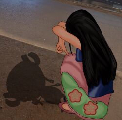 Rule 34 | 1boy, 1girl, age difference, antlers, artist request, black hair, cat shadow puppet (meme), high heels, highres, horns, long hair, meme, nico robin, nico robin (return to sabaody), one piece, photo background, sarong, tony tony chopper