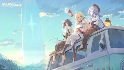3girls :d ;p ^_^ absurdres ahoge amber_(stella_sora) arm_up beret black_footwear black_hair black_hat black_leotard blonde_hair blue_skirt blue_sky boots breasts brown_pantyhose cat&#039;s_tongue cleavage closed_eyes cloud coffee_mug collared_shirt commentary commentary_request copyright_name copyright_notice cup day dress_shirt english_commentary framed_breasts full_body gradient_hair hat high_heel_boots high_heels highres holding holding_cup iris_(stella_sora) knee_boots lace-up_boots large_breasts leotard long_hair looking_at_another miniskirt mixed-language_commentary motor_vehicle mug multicolored_hair multiple_girls navel necktie new_star_guild_(stella_sora) noya_(stella_sora) official_art oil_lamp on_van one_eye_closed open_mouth orange_hair outdoors pantyhose profile purple_hair recreational_vehicle red_necktie sapysha second-party_source shirt short_hair sideless_shirt sitting skirt sky smile steam stella_sora tongue tongue_out van very_long_hair white_shirt white_skirt yellow_eyes