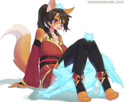 1girl 2024 animal_ear_fluff animal_ears animal_nose bare_shoulders black_hair black_thighhighs body_fur breasts claws commentary creature_on_head detached_sleeves english_commentary fang fox fox_ears fox_girl fox_tail glowing_animal highres japanese_clothes large_breasts multicolored_fur negiwasabi465 obi open_mouth orange_fur original ponytail purple_eyes red_skirt sash simple_background sitting skirt stirrup_legwear stretching tail thighhighs toeless_legwear twitter_username white_background white_fur yawning