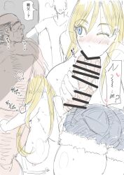 Rule 34 | 1girl, 2boys, bar censor, blonde hair, blue eyes, breasts, censored, fat, fat man, fellatio, huge breasts, long hair, multiple boys, oral, saber ntrok, translation request