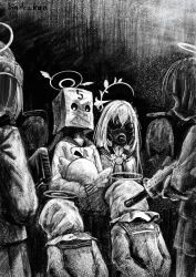 Rule 34 | 6+girls, absurdres, arms behind back, assault rifle, azusa (blue archive), bag over head, bindonkan, blue archive, bow, bowtie, captivity, character doll, commentary request, faceless, faceless female, faust (blue archive), gas mask, greyscale, gun, halo, hifumi (blue archive), highres, holding, holding gun, holding weapon, mask, monochrome, multiple girls, people, peroro (blue archive), rifle, school uniform, serafuku, serious, weapon
