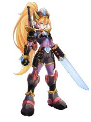 1girl absurdres alternate_costume arm_blade armor armored_boots armored_gloves belt biometal blue_eyes body_armor bodystocking boots breasts chest_jewel ciel_(mega_man) commission commissioner_upload covered_navel elbow_gloves energy_sword eyelashes fake_horns forehead_jewel gauntlets gloves helmet highres hip_armor horned_helmet horns knee_armor knee_boots long_bangs long_hair mechanical_ears mega_man_(series) mega_man_zero_(series) mega_man_zx non-web_source petite ponytail shadow_(mega_man) shorts shoulder_armor shoulder_cannon small_breasts sword transparent_background uta_guipiy weapon