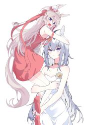 Rule 34 | 2girls, :|, ahoge, animal ears, armpits, axtlv, bare shoulders, blue eyes, blush, breasts, carrying, carrying person, cleavage, closed mouth, collarbone, colored inner hair, commentary request, corsage, dress, flower, flower request, frilled hat, frills, grey hair, hair between eyes, hair flower, hair ornament, hand on another&#039;s head, hand on another&#039;s leg, hat, high heels, highres, horse ears, horse girl, horse tail, hugging another&#039;s leg, jewelry, leaning forward, lifting person, long hair, long ribbon, looking at another, looking down, looking up, mini hat, multicolored hair, multiple girls, necklace, oguri cap (umamusume), open mouth, pearl necklace, pink dress, pink ribbon, pink shoes, ribbon, ribbon hair, shoes, short dress, sleeveless, sleeveless dress, strapless, strapless dress, streaked hair, sweat, tail, tamamo cross (umamusume), teeth, tilted headwear, umamusume, upper teeth only, v-shaped eyebrows, wavy mouth, white background, white dress, white flower, yellow flower