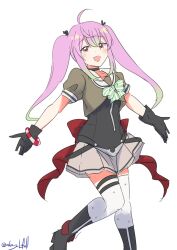 1girl absurdres black_gloves bow bowtie fang gloves gradient_hair green_bow green_bowtie green_hair grey_sailor_collar grey_skirt highres kantai_collection long_hair momo_(kancolle) multicolored_hair one-hour_drawing_challenge open_mouth outstretched_arms pink_hair red_eyes robinson_(day_l_full) sailor_collar school_uniform serafuku short_sleeves simple_background skin_fang skirt solo sparkle_print twintails white_background