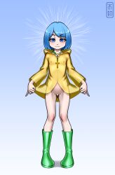 1boy absurdres artist_request bead_necklace beads blue_eyes blue_hair blush boots censored clothes_lift cross cross_necklace cross_piercing eyebrows eyelashes full_body green_boots highres hood hood_down hooded_jacket hoodie jacket jacket_lift japanese_text jewelry jubilee_2025 lifting_own_clothes luce_(jubilee_2025) male_focus matching_hair/eyes necklace nipple_piercing nipples penis pierced_genitals pierced_penis piercing raincoat raincoat_lift rosary see-through_clothes see-through_raincoat shota signature small_penis solo solo_focus standing transparent_jacket yellow_hood yellow_hoodie yellow_jacket yellow_raincoat
