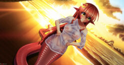 Rule 34 | 1girl, absurdres, artist name, beach, blacksaikou, blush, breasts, closed mouth, cloud, commentary, covered erect nipples, dutch angle, english commentary, full body, hair ornament, hairclip, highres, lamia, long hair, looking at viewer, medium breasts, miia (monster musume), monster girl, monster musume no iru nichijou, ocean, outdoors, pointy ears, red hair, scales, shirt, smile, solo, sun, sunset, variant set, water, wet, wet clothes, wet shirt, white shirt, yellow eyes