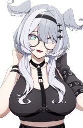 1girl absurdres aqua_eyes black_hairband black_tank_top breasts cleavage commentary cross-shaped_pupils daydarion elira_pendora elira_pendora_(goth) english_commentary fangs fingerless_gloves glasses gloves grey_hair hair_between_eyes hair_ornament hairband hairclip head_wings heterochromia highres huge_breasts large_breasts long_hair looking_at_viewer low_twintails midriff mole mole_on_armpit nijisanji nijisanji_en open_mouth purple_eyes simple_background single_fingerless_glove solo symbol-shaped_pupils tank_top twintails variant_set virtual_youtuber white_background wings