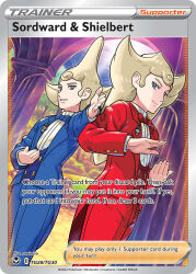 2boys artist_name blonde_hair blue_bow blue_bowtie blue_eyes blue_jacket blue_pants blue_suit bow bowtie brothers buttons card_(medium) character_name closed_mouth company_name copyright_name copyright_notice english_text formal_clothes jacket long_hair multiple_boys nagimiso nintendo official_art open_clothes open_jacket pants pokemon pokemon_card pokemon_swsh pokemon_tcg red_bow red_bowtie red_jacket red_pants red_suit shielbert_(pokemon) siblings smile sordward_(pokemon) spiked_hair standing suit tall_hair third-party_source trading_card
